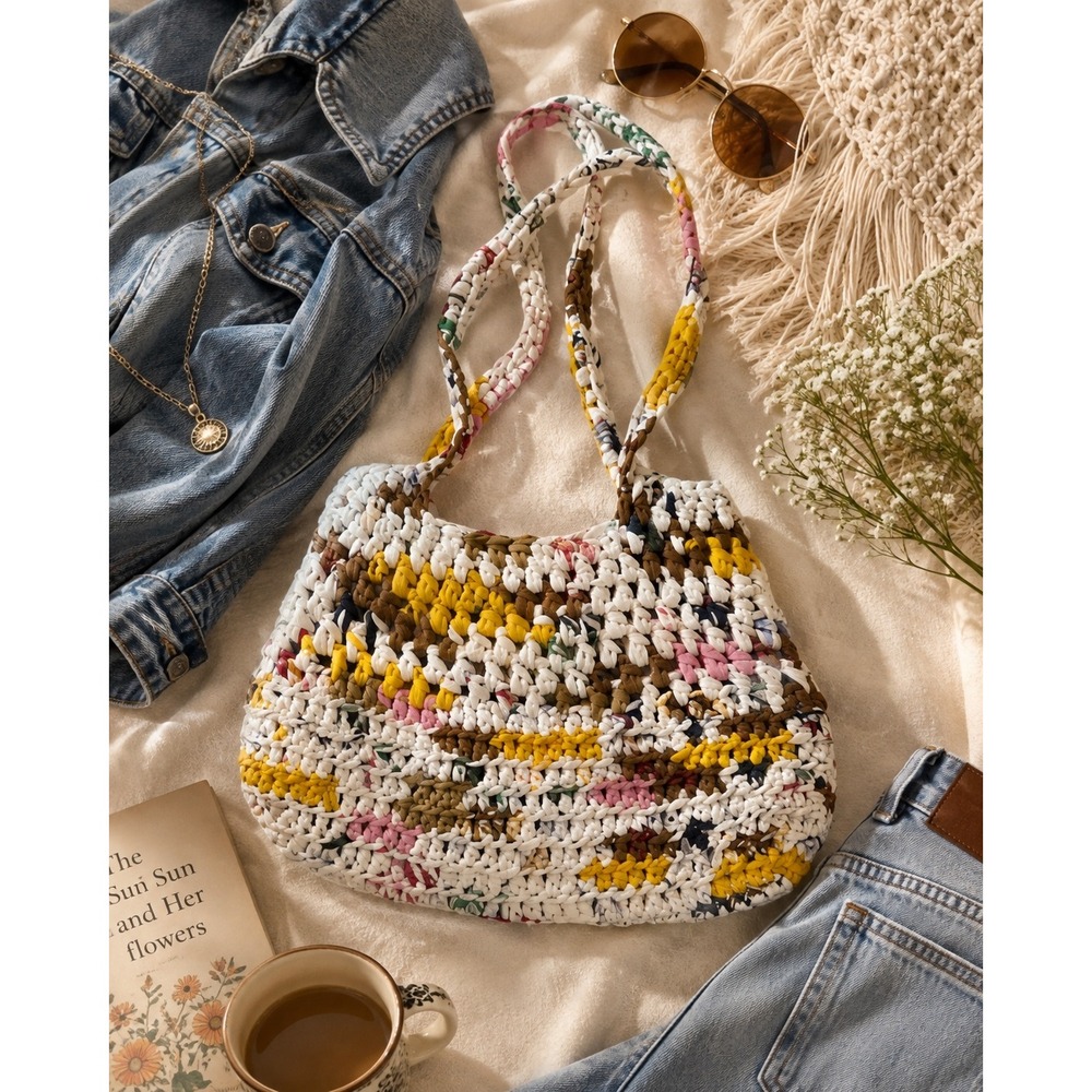 Crochet Hobo Shoulder Bag Multicolor Upcycled Fabric Boho Y2K Festival‎ Purse